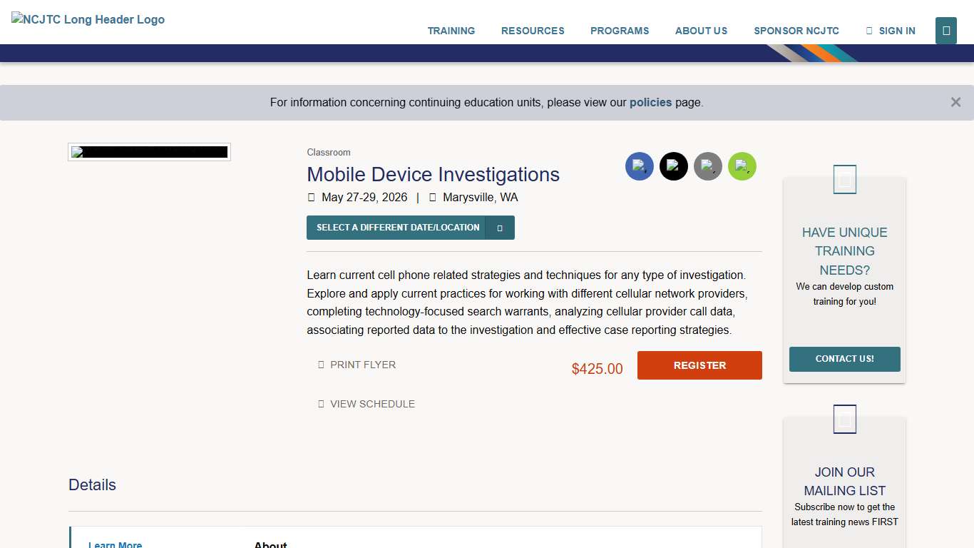 Mobile Device Investigations Marysville, WA May 27-29, 2026